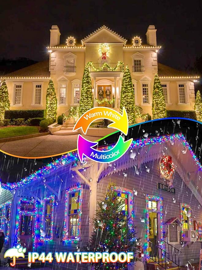 2 Pack Warm White to Multicolor Christmas Lights Indoor Outdoor, Super Bright 66FT 200 LED String Lights Waterproof, Twinkle Xmas Light with Timer for Bedroom Party Christmas Tree Decorations