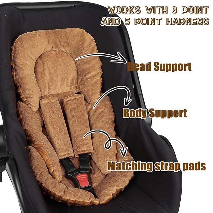GFU Infant Car Seat Insert Head and Body Support, Reversible Newborn Insert for Carseat with Strap Pads, Soft Stroller Cushion Pillow Insert for Boys and Girls, Fits for Stroller, Swing, Brown