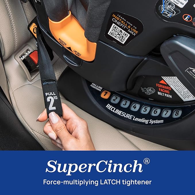 Chicco OneFit Max ClearTex All-in-One Car Seat with LeverLock Installation, Slim Design, Convertible Car Seat, Seat for Infants and Children 5-100 lbs, Energy/Black