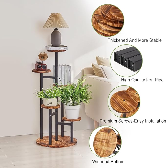 VECELO 5 Tier Plant Stand Indoor Outdoor, Tall Metal Wood Flower Shelf for Multiple Plants, Small Tiered Round Corner Display Rack, Planter Pot Holder for Patio Garden Balcony Living Room Bedroom