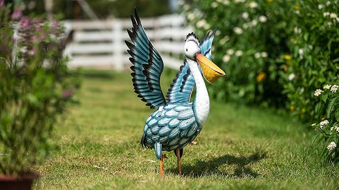TERESA'S COLLECTIONS Pelican Outdoor Statues for Patio Decor,11.5" Metal Coastal Ocean Spread Bird Garden Statues & Sculptur for Yard Decorations Outdoor,Garden Decor for Outside Porch,Gifts for Mom