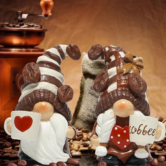 Hodao Resin Coffee Gnomes with Mug Nordic Style Home Bar Decor, Collectible Figurines 4.1inchSwedish Handmade Statue Small Figurine Ornament Gift for Coffee Lovers-a Set of 2