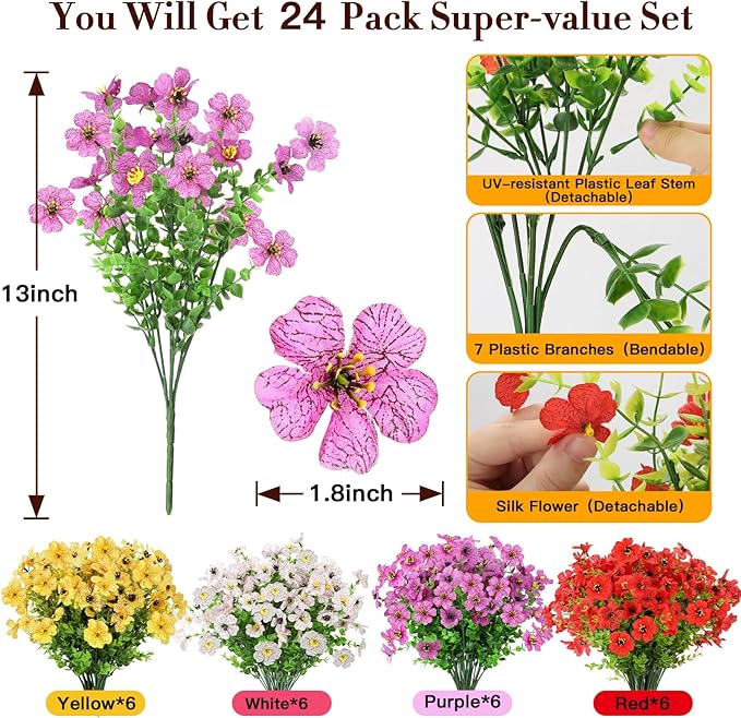 24 Bundles Artificial Flowers for Outdoors Decorations, Fake Flowers Artificial Plants Outdoor, Colorful Daisy Eucalyptus Realistic UV Resistant for Garden Patio Porch Home Decor