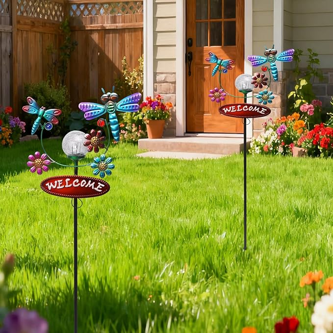 Solar Garden Stakes Metal Welcome Signs for Outside 30.3', 2 Flying Dragonflies with Cracked Glass Ball,Decorative Garden Stakes for Lawn, Patio, Dragonfly Gifts for Women