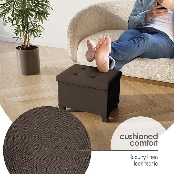 STORAGEBUD Storage Ottoman Cube with Small Bin, 16-in Square Ottoman with Storage for Living Room and Bedroom, Small Ottomans Foot Rest, Fabric Foot Stools Ottomans Max 330lbs, Brown