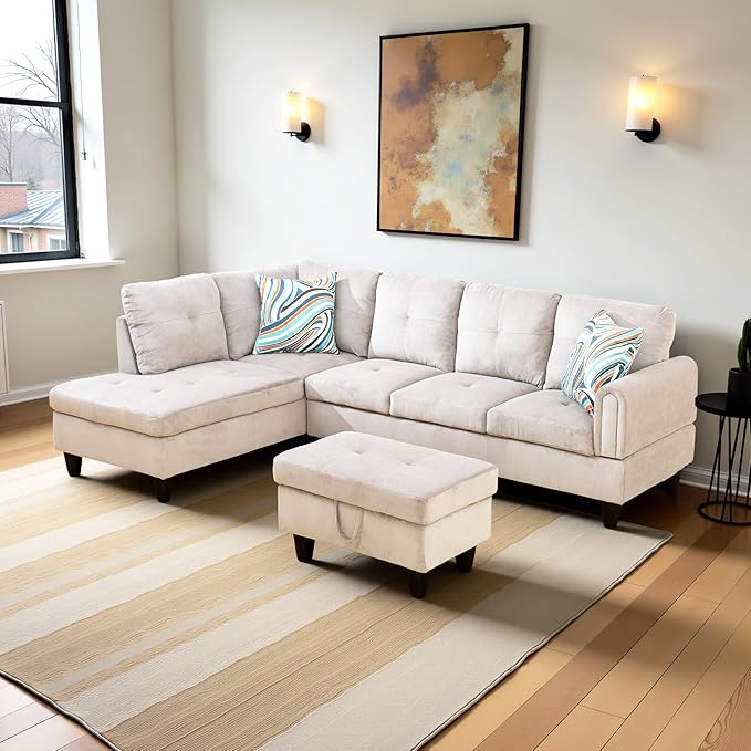 L Shaped Couch Modern Sectional Couch Upholstered Corduroy Fabric 3 Pieces Sofas for Living Room with Chaise, Storage Ottoman for Office and Small Apartment, Grey White