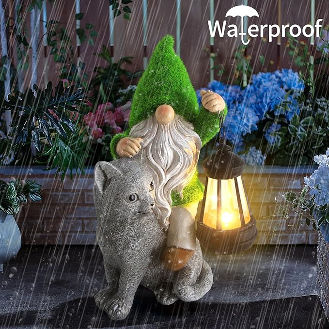 Garden Cat Gnome Decorations for Yard with Solar Lights,Resin Flocked Gnome Figurine Holding Latern,Outdoor Gnomes Decorations for Yard Patio Lawn Porch, Garden Gifts for Mom