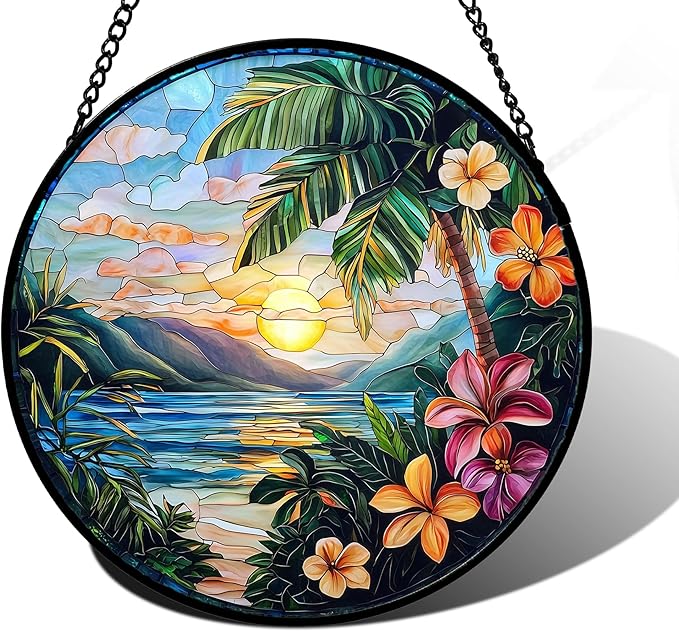Stained Glass Window Hanging, Colorful Landscape Suncatcher for Doors Home Sun Catchers Decoration and Christmas, Mother's Day Birthday Gifts for Women, Men, and Mom 7.8 in