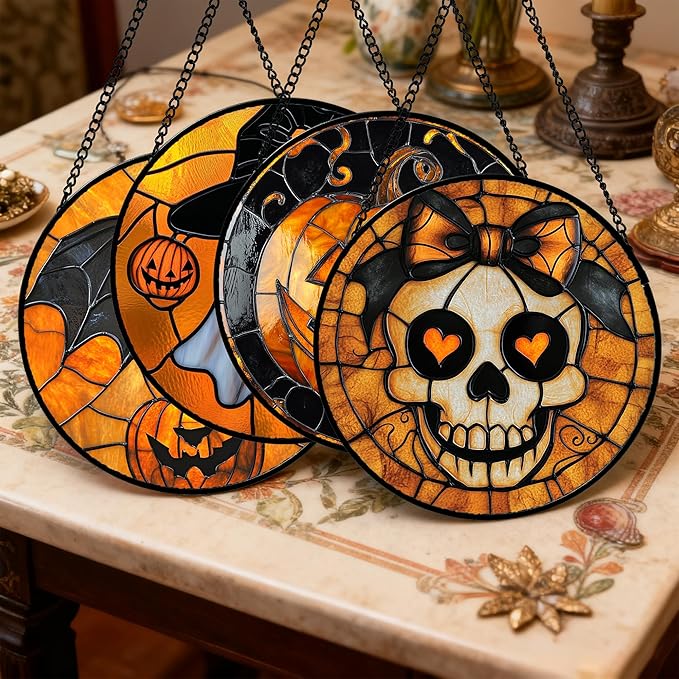 Stained Glass Window Hanging 4 Pcs Set Ghost Pumpkin bat Gothic Decor 6.3" - Horror Halloween Suncatcher Door Garden Sun Catcher Birthday White Elephant Gifts for Mom Woman Men Friend