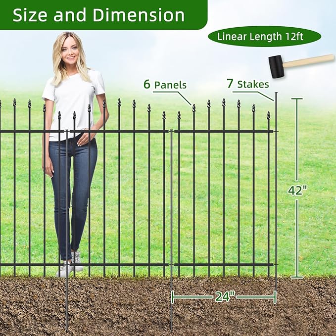 Metal Garden Fence 42 in H x 12 ft L, 6 Panels + 7 Stakes Border Dog Fence Panels Animal Barrier, No Dig Garden Fencing for Yard Patio Flower Bed Lawn Outdoor, Arch Black