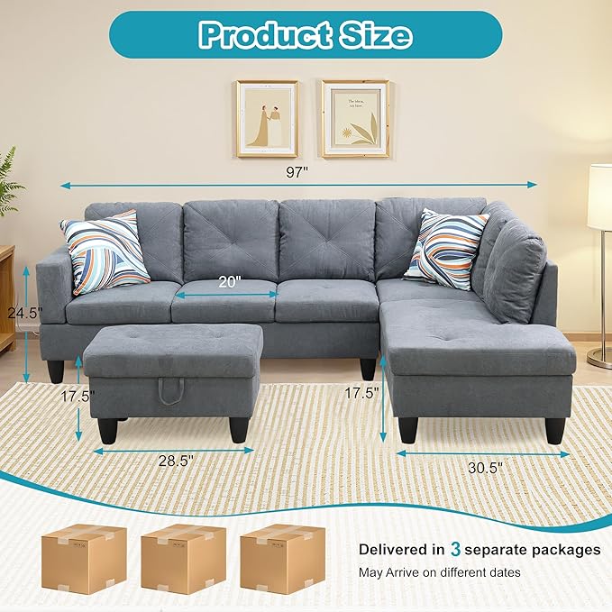 Couches for Living Room Modern L Shaped Couch Comfy Flannelette Fabric 3 Pieces Sectional Sofa with Chaise, Ottoman with Storage for Office and Small Apartment, Dark Grey