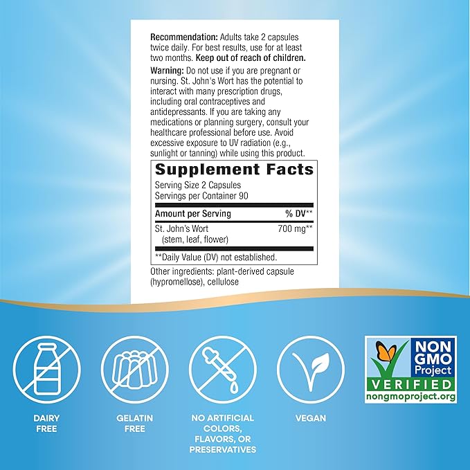 Nature's Way St. John's Wort Herb, Promotes a Positive Outlook*, 700 mg per 2-Capsule Serving, Non-GMO Project Verified, Vegan, 180 Capsules (Packaging May Vary)