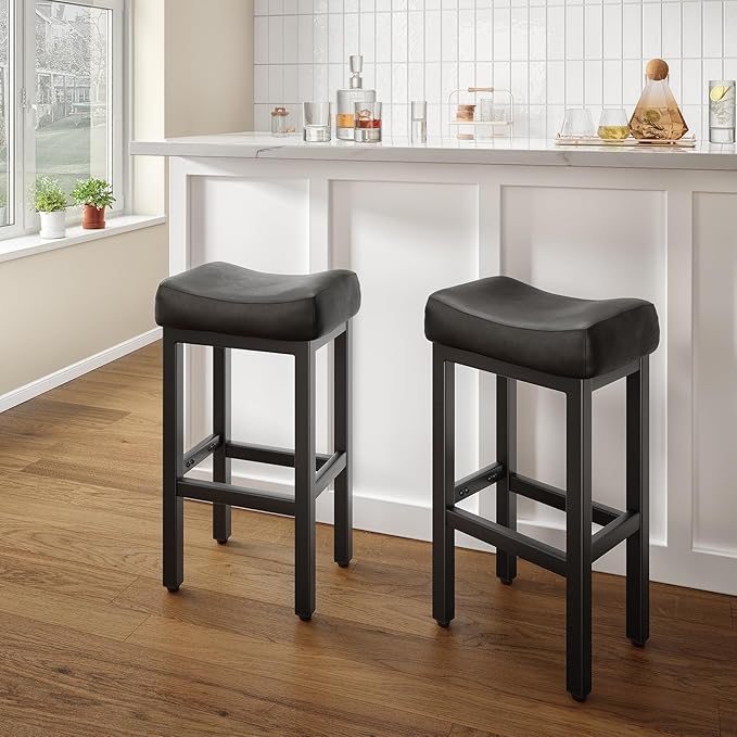 29 Inch Bar Height Bar Stools Set of 2, 29" Barstools for Kitchen Island Counter, Backless Bonded Leather Bar Height Stools with Thick Saddle Seats & Heavy Duty Metal Base, Easy Assembly, All Black