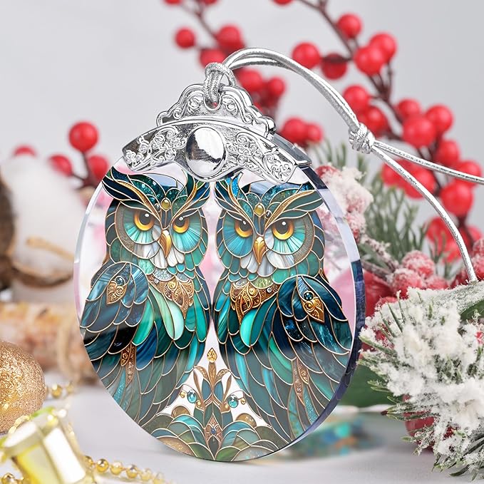 Stained Glass Owl Christmas Ornament - Two Owls, Holiday Decoration for Tree, Gift Idea