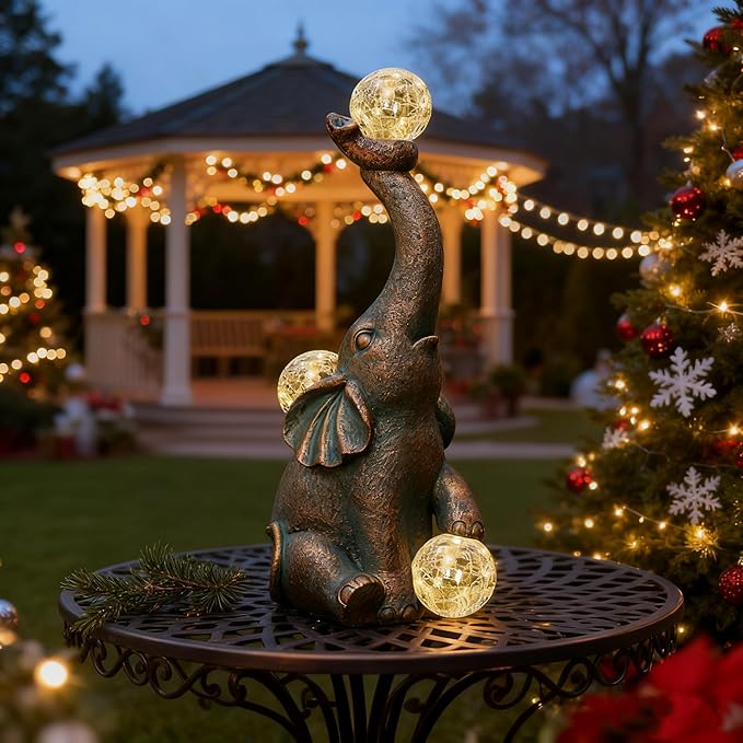 MININOVA Garden Decor Outdoor Statues Elephant with Cracked Glass Balls, Cute Solar Figurine for Patio, Lawn, Yard Art Ornament Decorations (15 LED Lights)