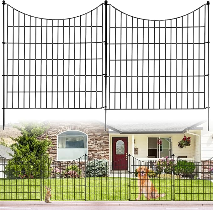 10 Panels No Dig Decorative Garden Fence for Yard, 32 in(H) X 24 ft(L) Rustproof Metal Wire Animal Barrier Fence for Dogs, Rabbits, Landscape Edging, and Patio with 11 Temporary Fencing Stakes