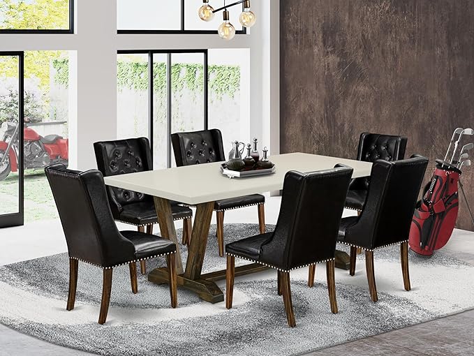 East West Furniture V727FO749-7 7 Piece Dining Table Set Consist of a Rectangle Dining Room Table with V-Legs and 6 Black Faux Leather Parsons Chairs, 40x72 Inch, Multi-Color