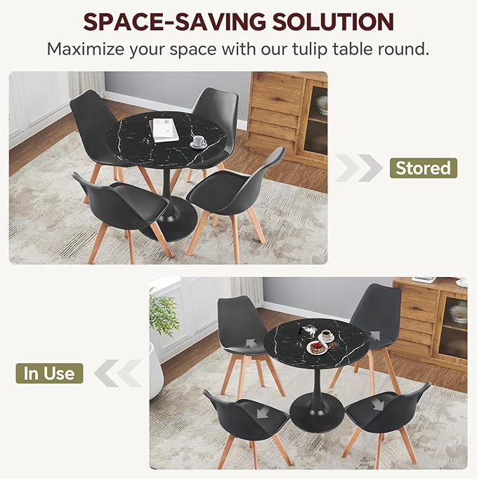 Small Space 31.5 Inch Black Faux Marble Round Tulip Dining Table - Mid Century Pedestal Base Kitchen Table for 2-4 People - Easy Assembly & Easy to Clean