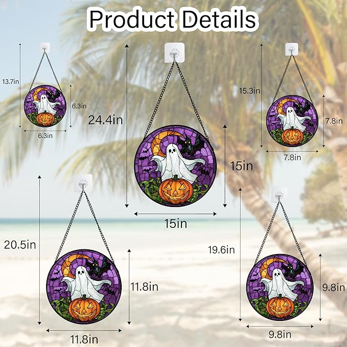 Stained Glass Window Hanging Halloween Scary Purple Night Sky Bat Ghost Large 11.8" - Suncatcher Door Garden Sun Catcher Gothic Home Decor Birthday Horror Gifts for Mom Men Woman Friend