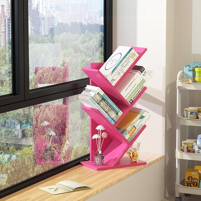 5 Tier Tree Book Shelf, Small Desktop Bookshelf with Storage Organizer, Wood Bookcase, Desk Display Bookshelves, Floor Standing Organizer Bookcases for Living Room,Bedroom,Office-Pink