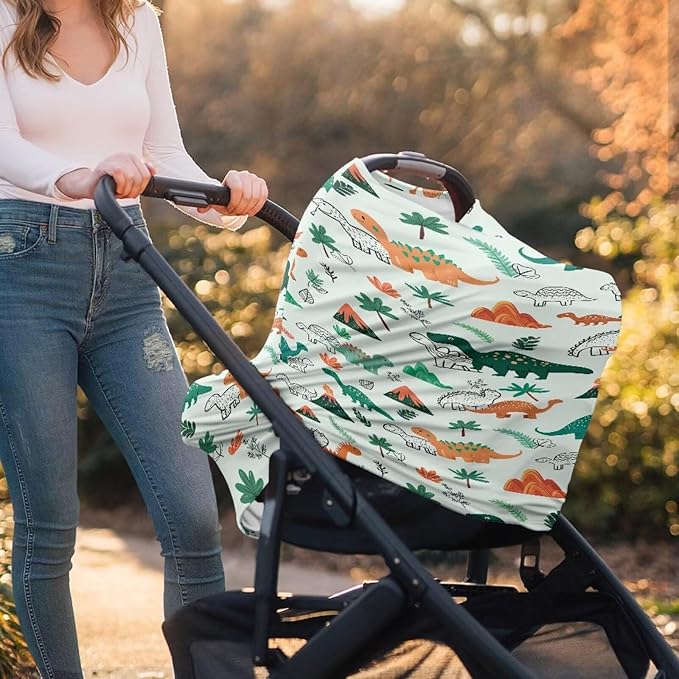 GIFTPUZZ Dinosaur Print Soft Stretch Car Seat Covers for Babies | Versatile Nursing Canopy & Breastfeeding Cover | High Chair & Shopping Cart Cover | Perfect Baby Shower Gifts for Boys & Girls