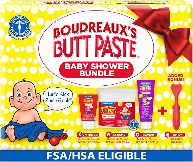 Boudreaux’s Butt Paste Baby Shower Bundle with 3 Newborn Essentials – Zinc Oxide Diaper Rash Cream (14 Oz Jar & 2 Oz Tube), Preventative Ointment (4 Oz Tube) and Silicone Applicator