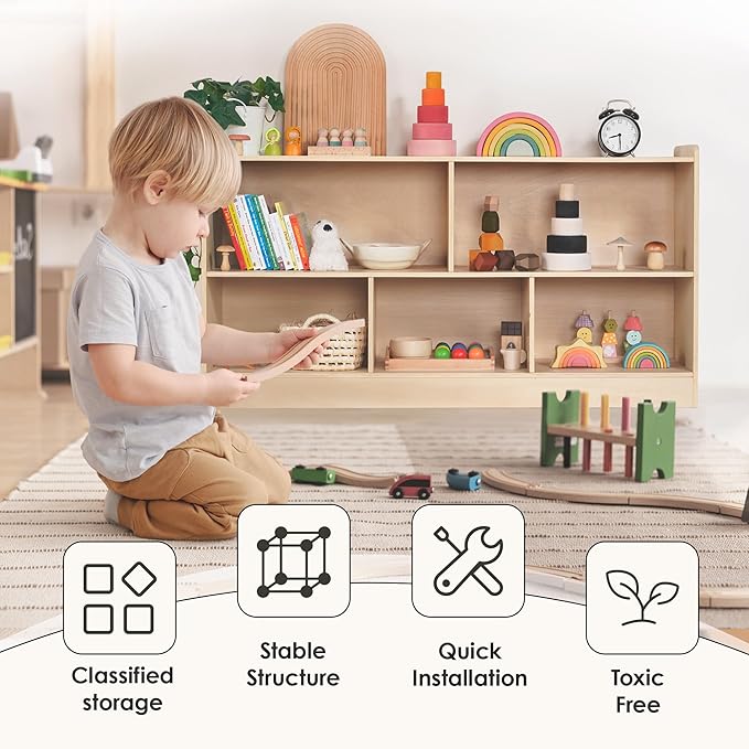 5-Section Wooden Toy Shelf for Kids, Montessori Shelf Storage with Open Shelving & Customizable Layout | Safe, Sturdy Design for Kids Room, Classroom & Playroom