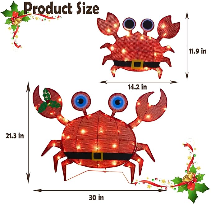 Dazzle Bright Christmas Outdoor Decorations Yard, 2 Piece Battery Operated Lighted Crab 50 LED Lights with 8 Lighting Modes, Light Up 2D Crab for Xmas Holiday Front Garden Patio Lawn Decor