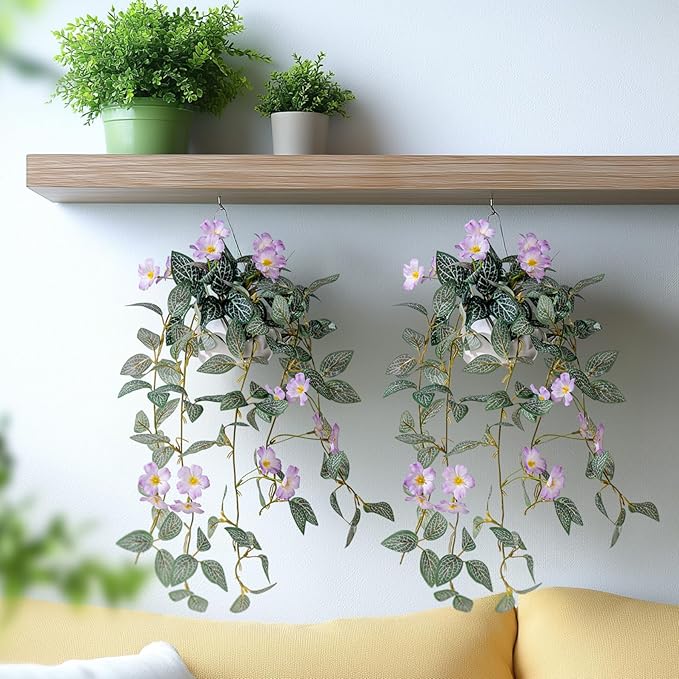 2PCS Artificial Hanging Plant with Pot Faux Hanging Plants Small Hanging Plants Pot with Artificial Vines and Flower Greenery Decoration for Living Room Wall Home Wall Shelf (Purple)