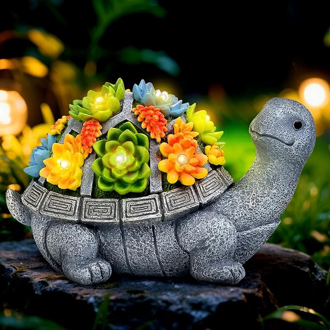 Solar Turtle Statue Garden Decor for Outside with Succulents and 7 LED Lights – 10.3 Inch Cute Lawn Ornaments for Patio, Porch, Balcony & Yard – Unique Birthday Gifts for Women Mom Grandma Wife