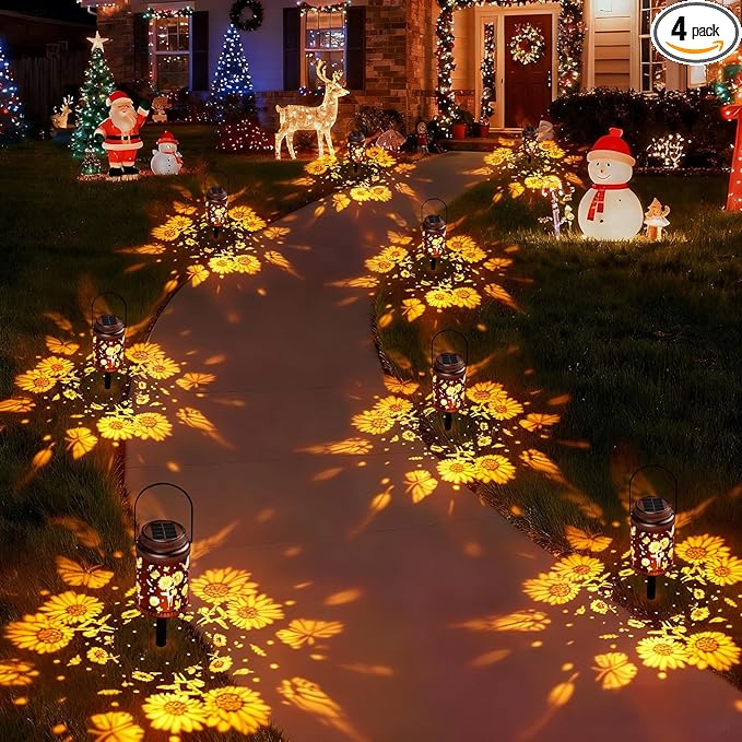 Cooo 4 Pack Solar Pathway Lights & Solar Lanterns Outdoor Waterproof Landscape Path Lights Christmas Lights Gifts for Women Mom Grandma for Garden Yard Patio Backyard Porch Decor-Rose Gold Sunfower