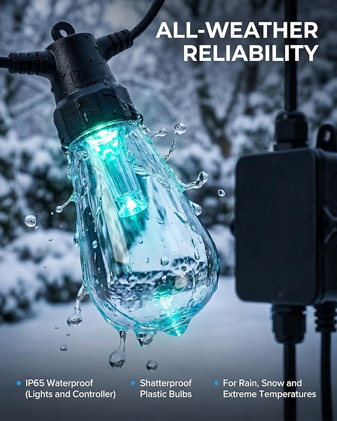 Smart RGB Outdoor String Lights, Color Changing Patio Lights with 21-Key RF Remote and Bluetooth App, IP65 Waterproof Music Sync LED Hanging Lights for Backyard Party Holiday Decor, 50FT (20 Bulbs)