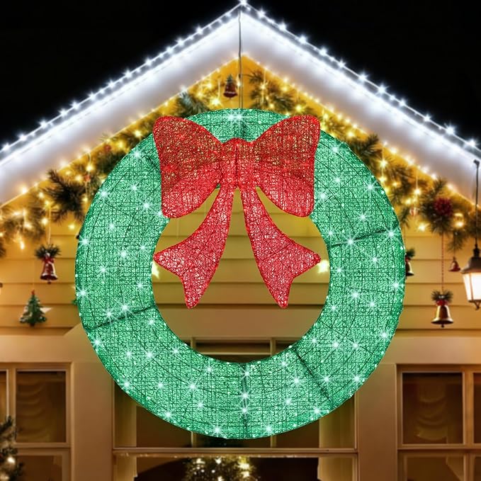 Sweetcrispy 48in Pre-Lit Christmas Wreath, LED Lighted Holiday Outdoor Decoration with Bow for Door, Mantel, Wall, Windows, Front Door Decor, Green Wreath - Red Bow