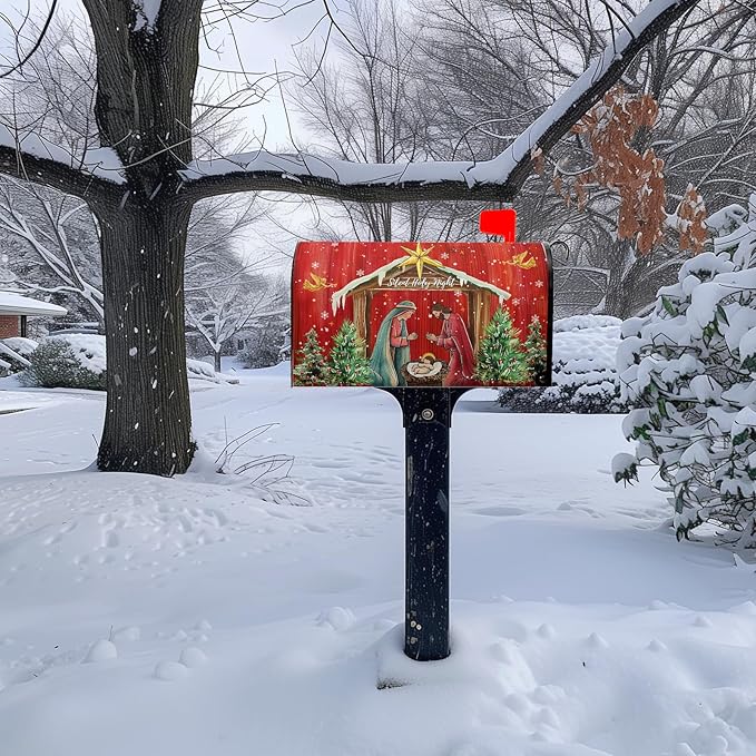 Christmas Mailbox Cover Holy Night Nativity Oversized Magnetic Mailbox Covers Religious Xmas Jesus Nativity Scene Decorative Post Letter Box Wrap for Winter Holiday Large Size 25.5 X 21 Inch