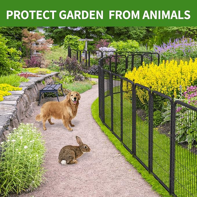 Decorative Garden Metal Fence 18ft (L)×32in (H) with 7 Panels 1Gate Outdoor, No Dig Rustproof Wire, Animal Barrier Fencing for Outdoor Yard Patio Flower Bed,（Black-Silver）