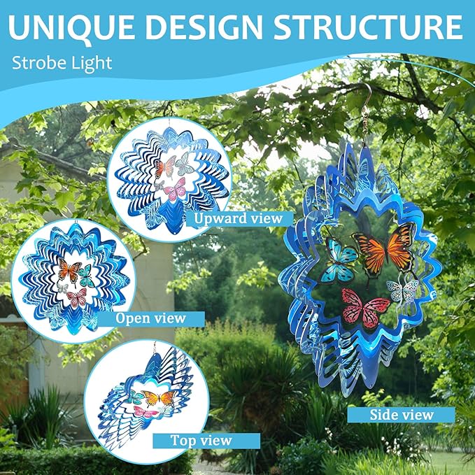 Butterfly Wind Spinners,12In Stainless Steel 3D Wind Spinner for Yard and Garden,Butterfly Gifts for Women Mom Grandma Wife Father,Outdoor & Indoor Hanging Kinetic Yard Art Decorations