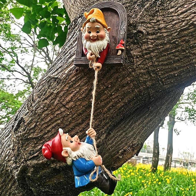 Funny Climbing Gnome Tree Hugger Decor, Garden Sculpture Decoration Elf Out The Door, Yard Ornament Resin Statue Outdoor Decor for Patio Lawn