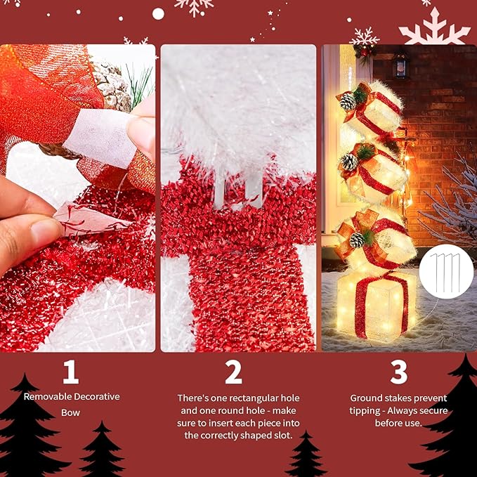 Christmas Lighted Gift Boxes Decorations Set of 4, 3.6Ft Stackable Christmas Nesting Boxes Battery Operated with Timer for Home and Party Decoration