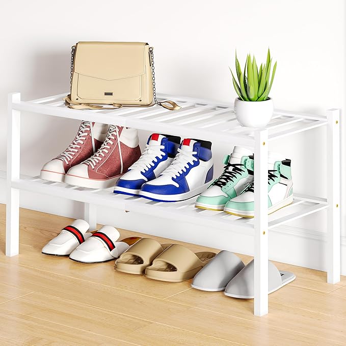 Smiry Shoe Rack, 2 Tier Bamboo Shoe Organizer, Stackable Free Standing Wooden Shoe Storage Shelf for Closet, Entryway, Front Door Entrance, White