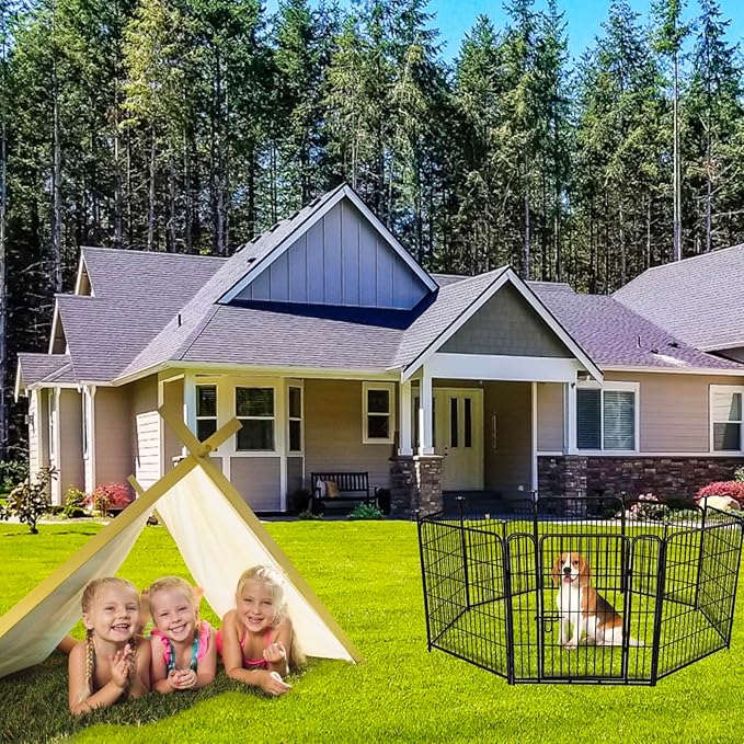 ADAVIN Dog Playpen Indoor 32 inch 4 Panels, Garden Fence with Low Threshold Door, Dog Fences for The Yard, Pet Puppy Playpen for Small and Medium Dogs, Outdoor Dog Fence Dog Pen, Total 8.9 Ft(L)