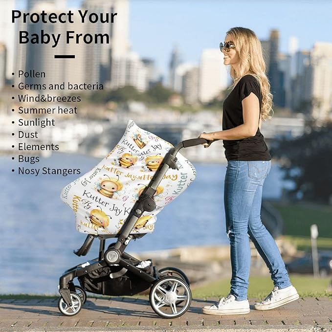 Personalized Bee Baby Car Seat Cover with Name,Multi-Use Canopy for Nursing, Strollers,Shopping Carts,Customized Breastfeeding Cover, Full Privacy,Infant Stroller Cover
