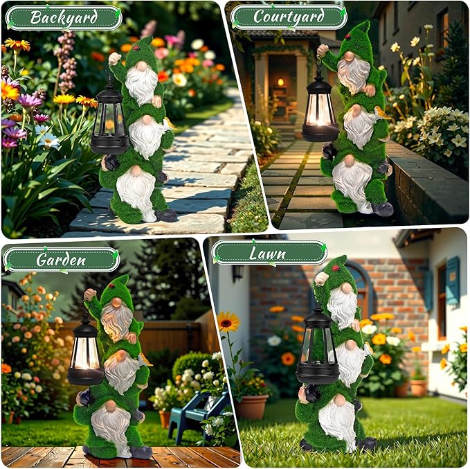 Solar Gnomes Garden Statues,Resin Flocked Gnome Figurine Holding Solar Lights Lantern,Unique Birthday Housewarming Gifts for Women, Mom, Grandma