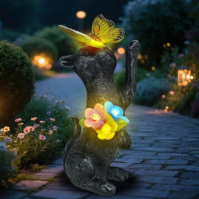 Solar Cat Garden Decoration Outdoor Statues - Cat with Butterfly Flowers Decorative Figurine for Yard Patio Lawn Porch Pathway Landscape Ornament Funny Birthday Gift for Mom Women