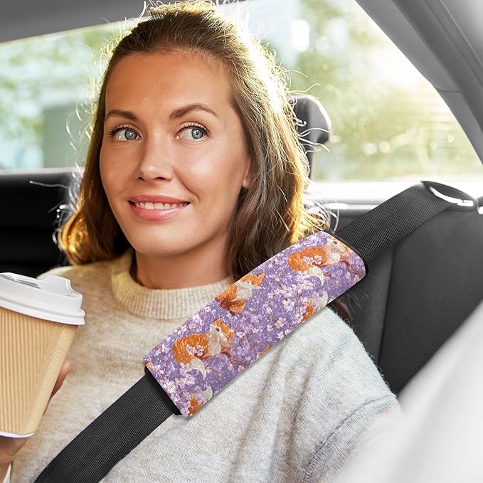 2 Pack Seatbelt Covers Seat Belt Cover Pad for Adults Boys Girls Car Seat Strap Covers Pads Cushion Universal Shoulder Strap Pad Protector for Backpack Camera Bag 10x7.7Inch Purple Sakura Blossoms and
