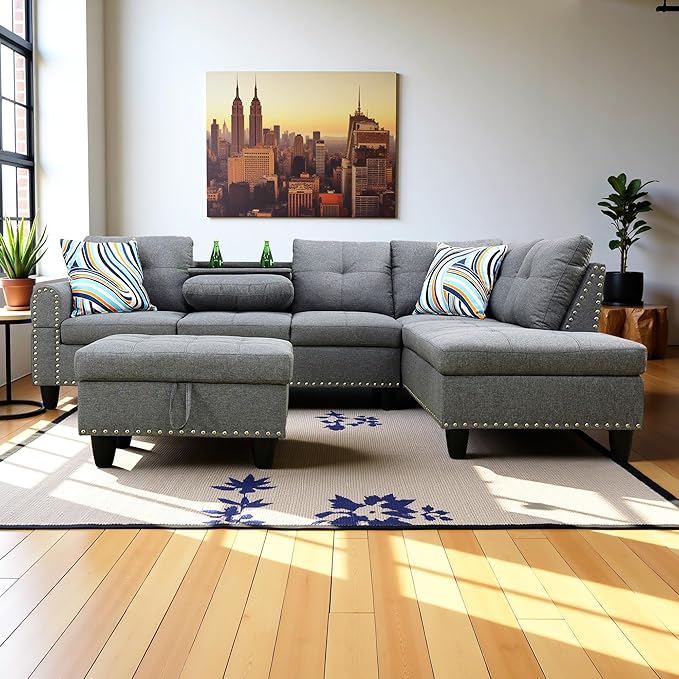 Couches for Living Room Modern L Shaped Couch Comfy Linen Fabric 3 Pieces Sectional Sofa with Chaise, Ottoman with Storage for Office and Small Apartment, Charcoal