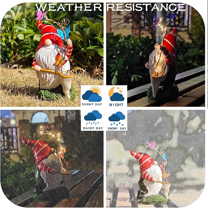 Solar Powered Gnome Garden Statue with Iron Butterflies - LED Lighted Garden Decorations, Resin Gnome with Butterfly Net, Gifts for Women and Men，Outdoor Decor Ornaments for Outside