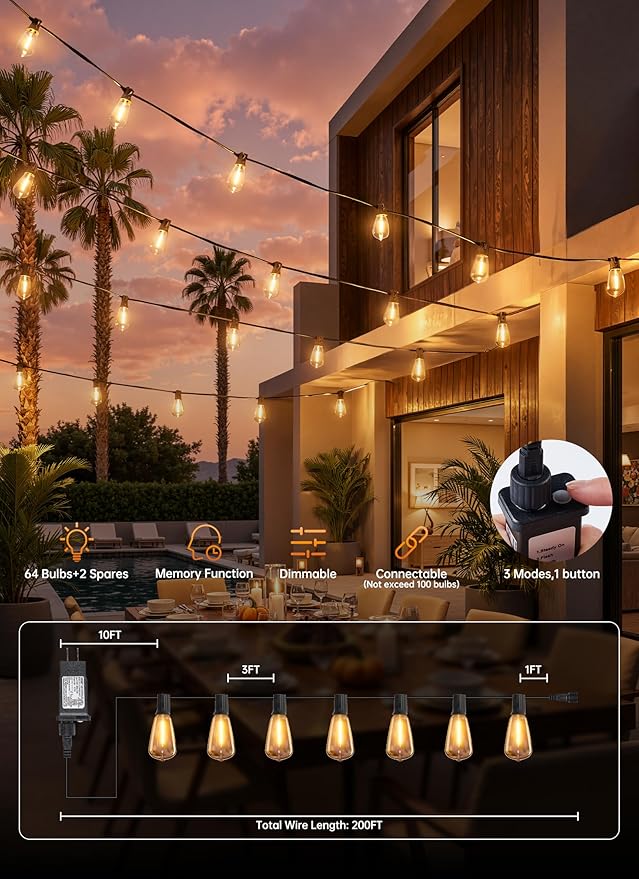 Minetom 200FT Outdoor String Lights with Remote, 64+2 Shatterproof ST38 LED Bulbs, Waterproof Patio Lights with 3 Modes, Dimmable & Connectable 2700K Hanging Lights for Backyard Porch Deck Balcony