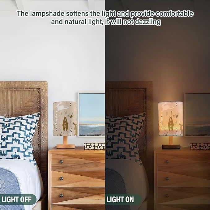 Bedside Table Lamp Woodland Animals Nightstand Lamp with Wood Deer Rabbit Bear Tree Desk Lamps for Bedroom Living Room Nursery Office Home Decor