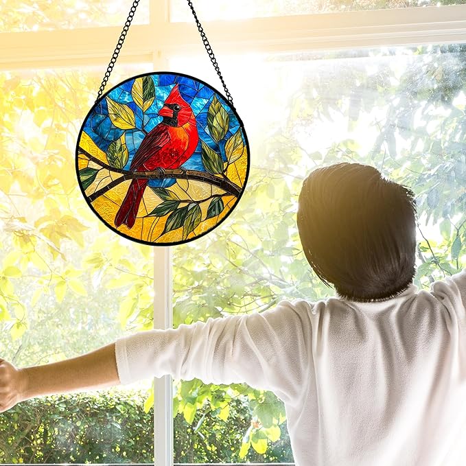 Stained Glass Window Hanging, Blue Sky Cardinal Sun Catchers Colorful Glass Panel Red Birds Suncatcher Decor for Birthday for Women, Men, Wife, Aunt, and Mom 7.8 in