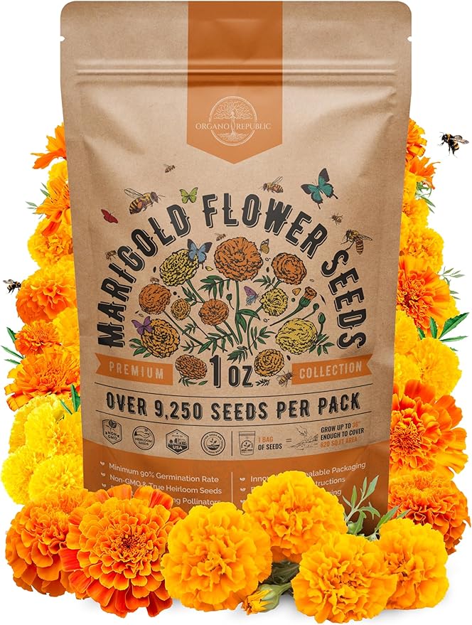 Marigold Seeds Pack 1 oz - Over 9,250 Non-GMO Heirloom Marigold Seeds for Planting Indoor & Outdoor Gardening, Flower Seed for Planting Home and Garden, Flowers Seed in Individual Packet